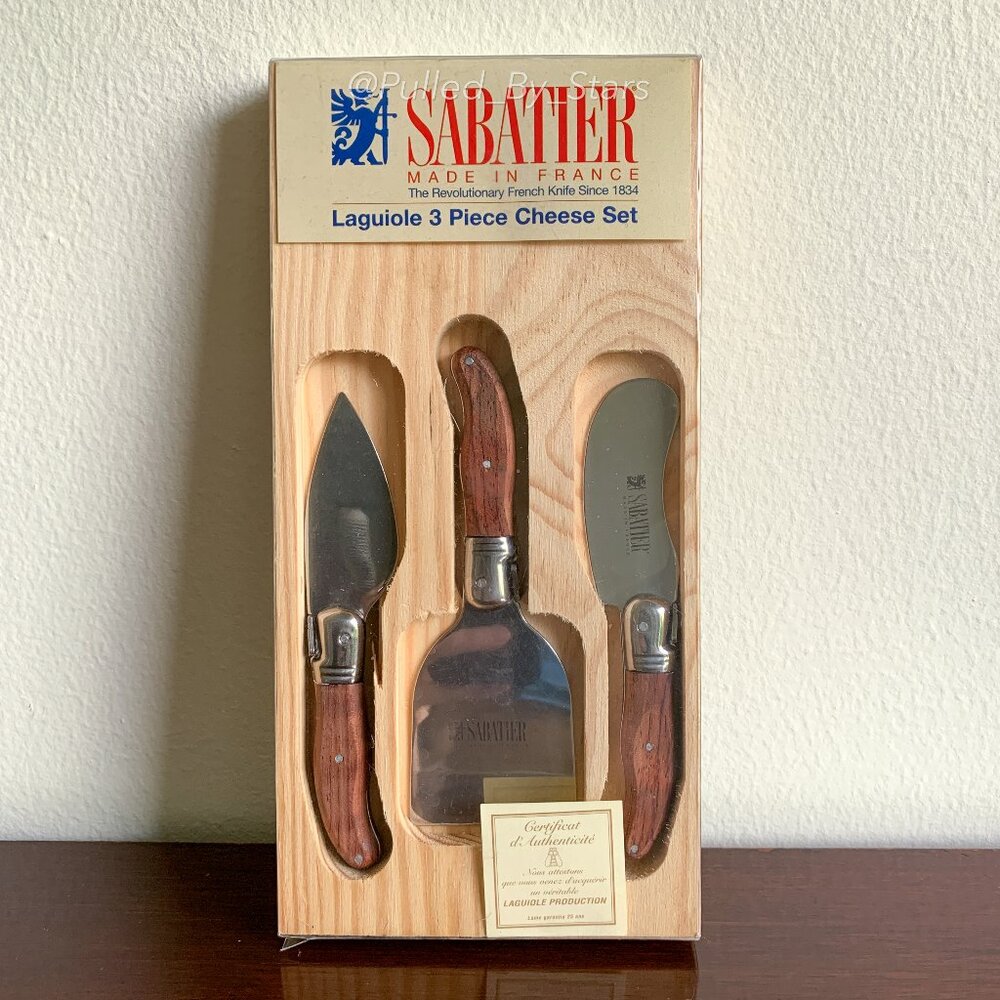 New Vintage Deadstock SABATIER Laguiole 3 Piece Rosewood Cheese Set in Wood Tray